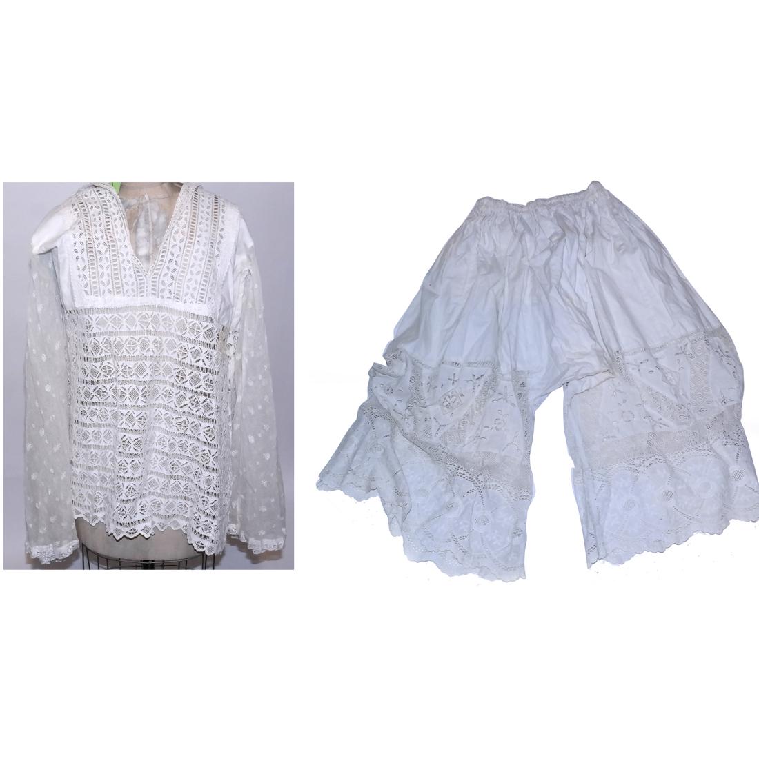 Victorian 2-Pt White Lawn & Gauze Lace Blouse, Bloomers (1 of 4)