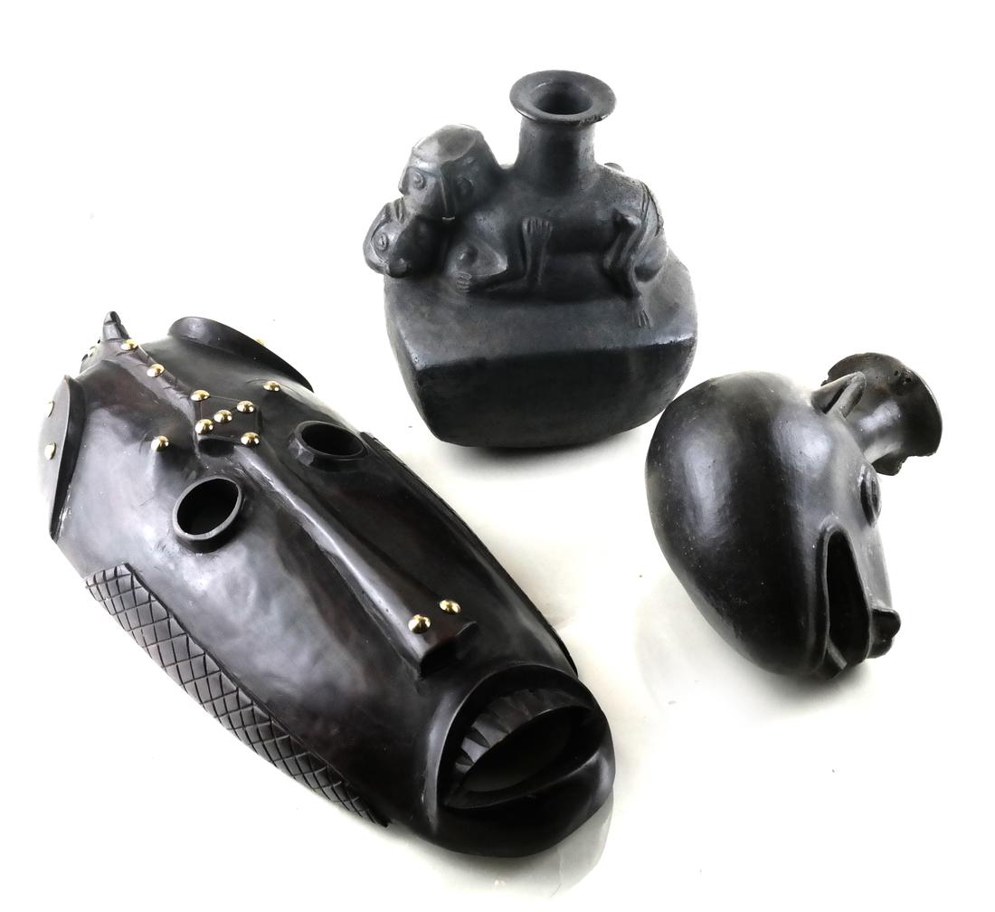 Two Ethnic Pottery Objects, Wood Mask: Comprises two ceramic objects including an erotic group vessel and an animal vessel. Accompanied by a wood mask. Dimensions: 16" H x 6.5" W; Erotica -&nb