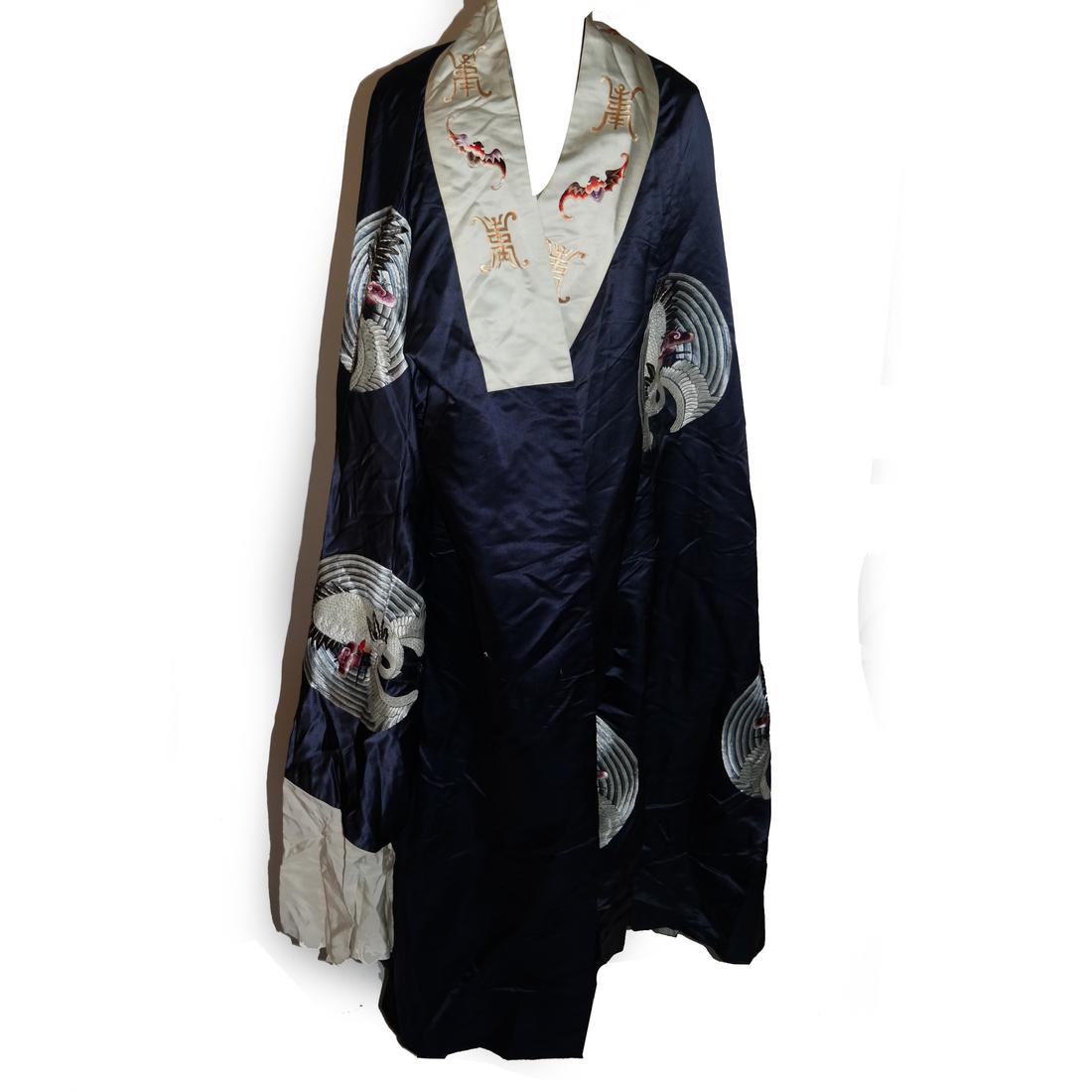 Chinese Silk Robe, Embroidered w/ Cranes & Calligraphy (1 of 6)