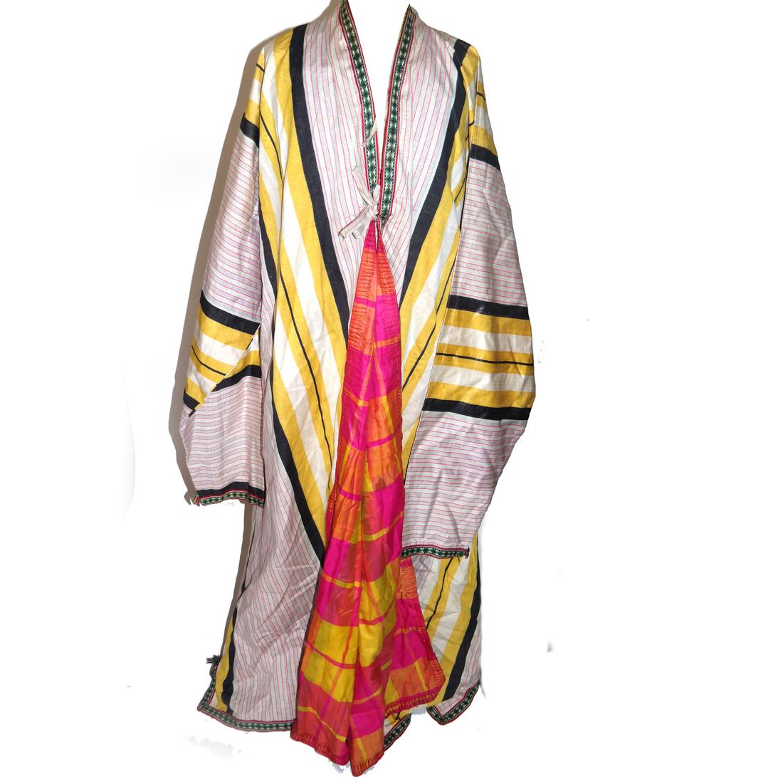 Central Asian Men's Robe, Silk Twill With Plaid Lining: Central Asian men's robe, silk twill with plaid madras silk lining. Mid-20th century. Dimensions: Base of neck to hem - 58" L ; 
