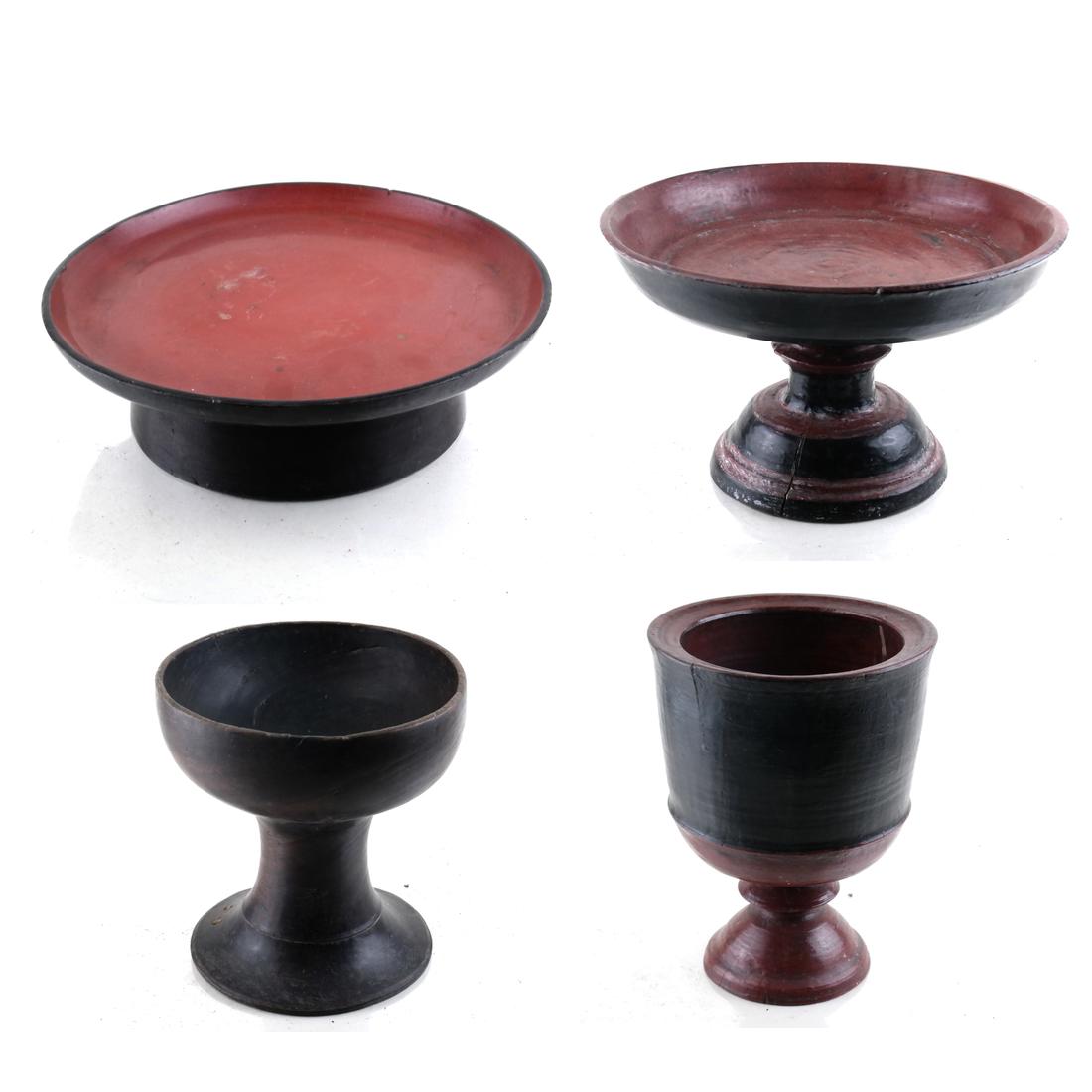 Four Decorated Wood Tribal Vessels (1 of 6)