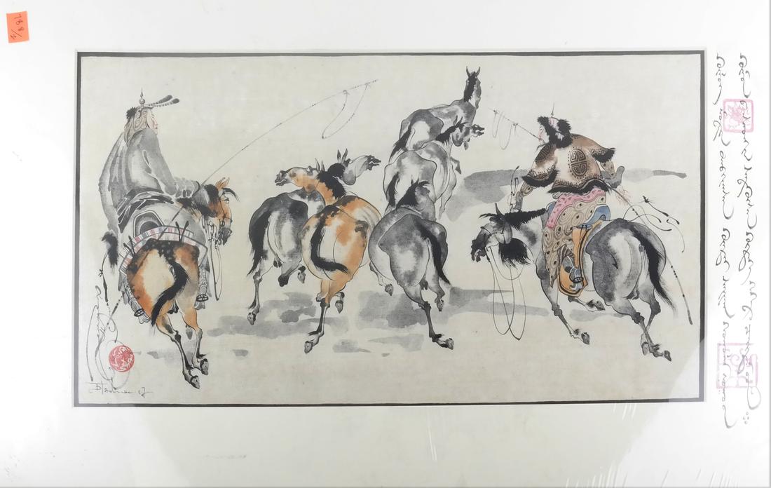 Damba Tsolman, Two Mongolian Paintings: Ink on silk, matted. Unframed. Dimensions: Sight - 10" H x 18.75" W; Sight - 11.5" H x 15.75" W; 