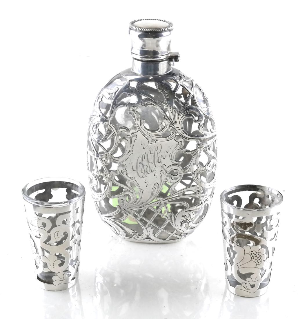 Sterling Silver Overlay Decanter With Two Glasses (1 of 7)