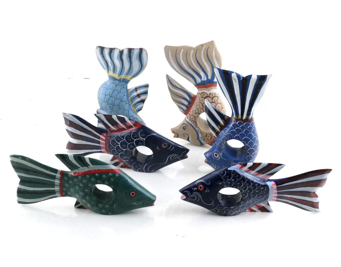 Seventy (Plus) Japanese Wood Napkin Holders: Group of decorated fish form and wood napkin holders. Dimensions: Average sizes - 6" H x 3" W; 