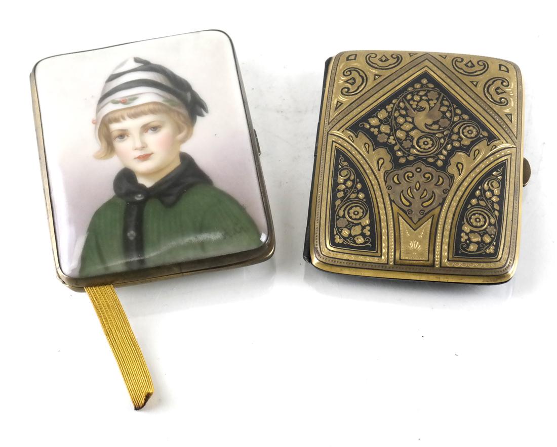 Two Decorated Compacts: Comprising a Limoges porcelain compact with a hand-painted portrait and an incised enamel compact. Dimensions: Each - 3.5" H x 2.5" W; 