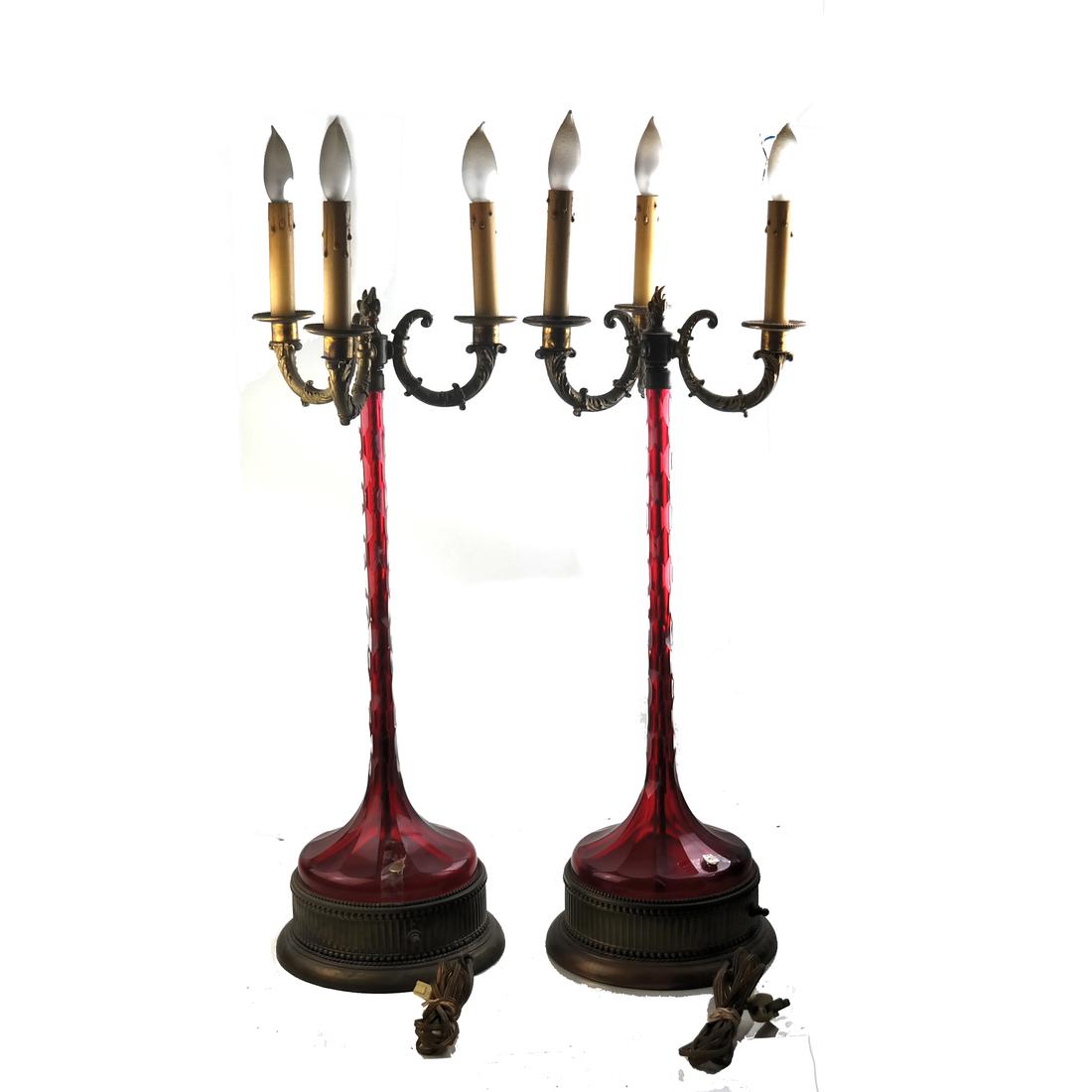 Pair of Ruby Glass Three-Light Candelabra (1 of 4)