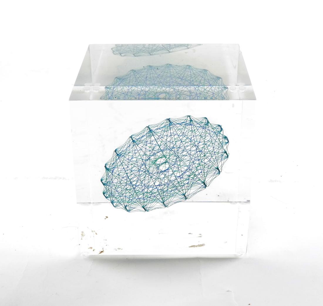 Sue Fuller Sculpture, 1965: A sculpture by Sue Fuller accomplished in string and cast acrylic block. Signed and dated 'Sue Fuller 1965.' [5 3/4 (square) inches].