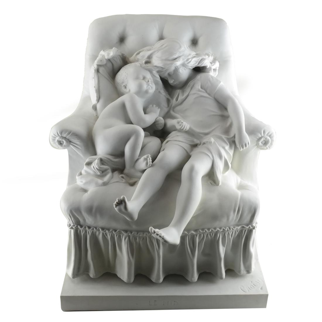 French Parian Sculpture of Children: Parian sculpture by Croisy, impressed Le Nid. France. [15 1/2 x 13 x 12 1/2 inches].