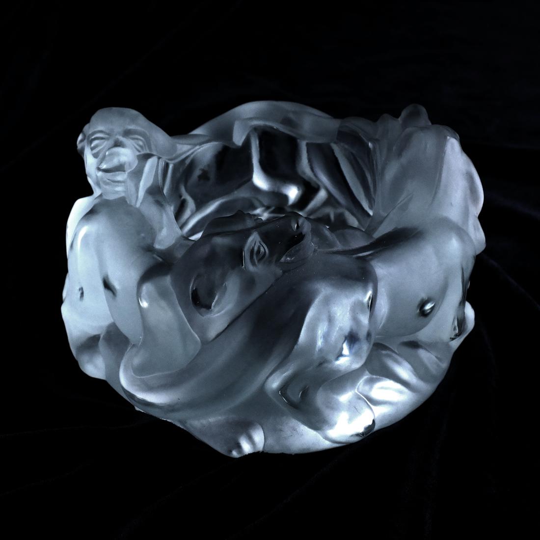 Art Deco-Style Glass Nut Bowl: Art Deco-style frosted glass nut bowl, chasing dogs molded to the sides. Unmarked. Late 20th century. [3 1/4 x 5 1/2 inches]. From the Canine Collection of Fred Kass, Brooklyn, NY.