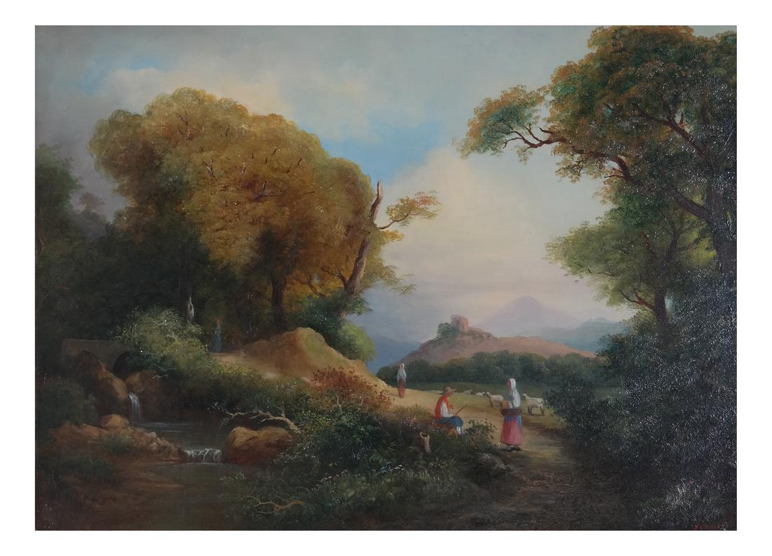 Continental Italian School, Bucolic Landscape: Italian School landscape depicting shepherds and farmers. Signed, lower right 'Negressi' and dated '89 for 1889. [1 3/4 x 17 x 21 1/4 inches].