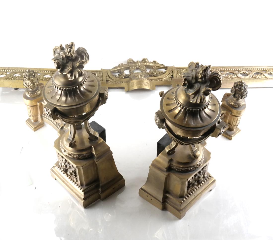 French Three-Part Fire Fender: French three-part fire fender, with flame finials, floral and ribbon design.