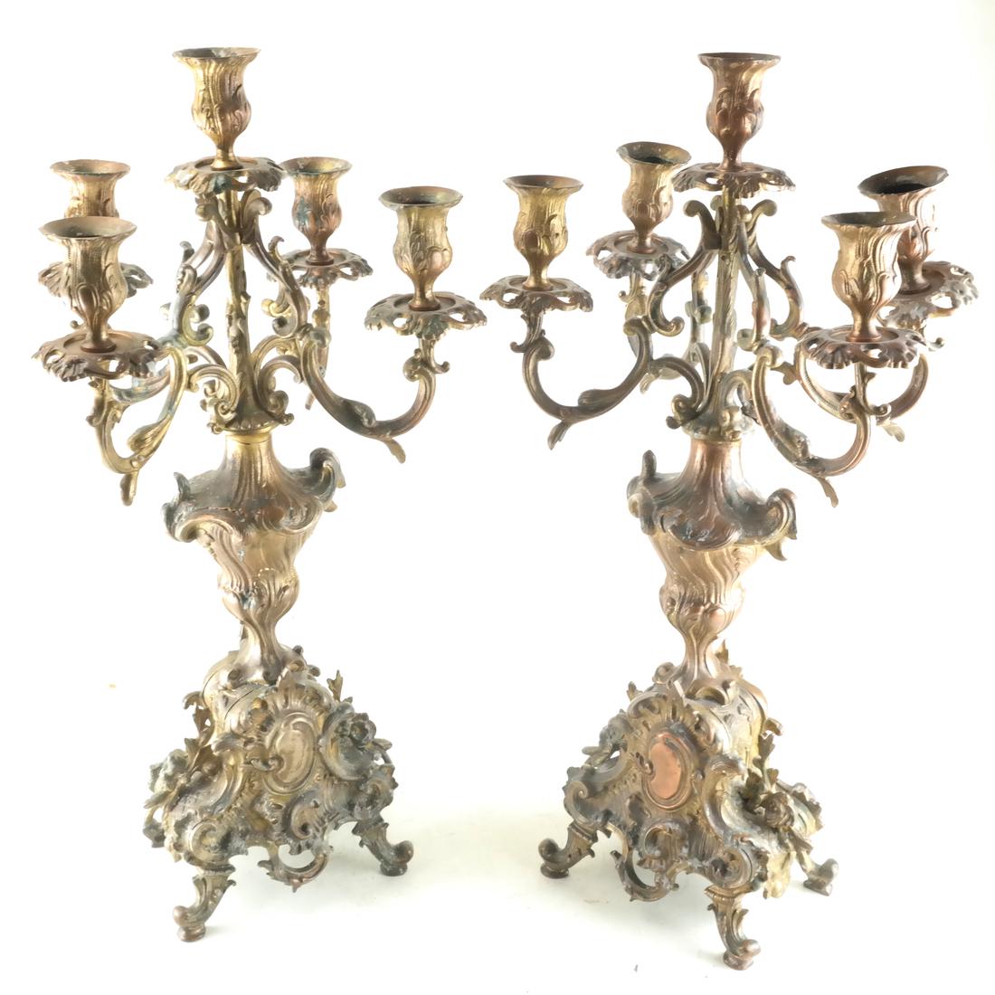 Pair Copper 5-Light Candelabra: Rococo Revival, circa 1900. [19 1/2 x 8 x 9 inches].