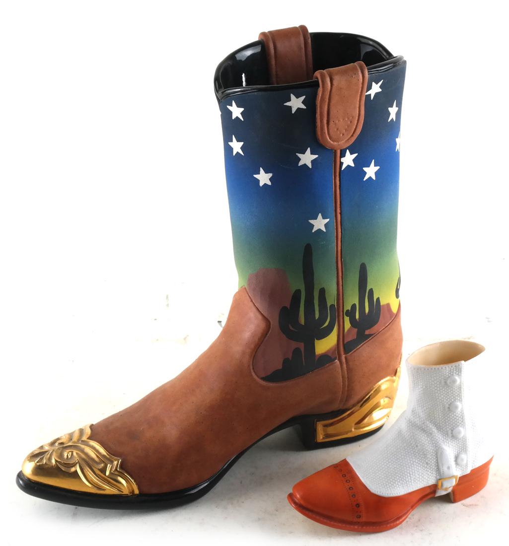 Two Ceramic Boots: A Western decorated ceramic boot with another. [10 x 9 inches].