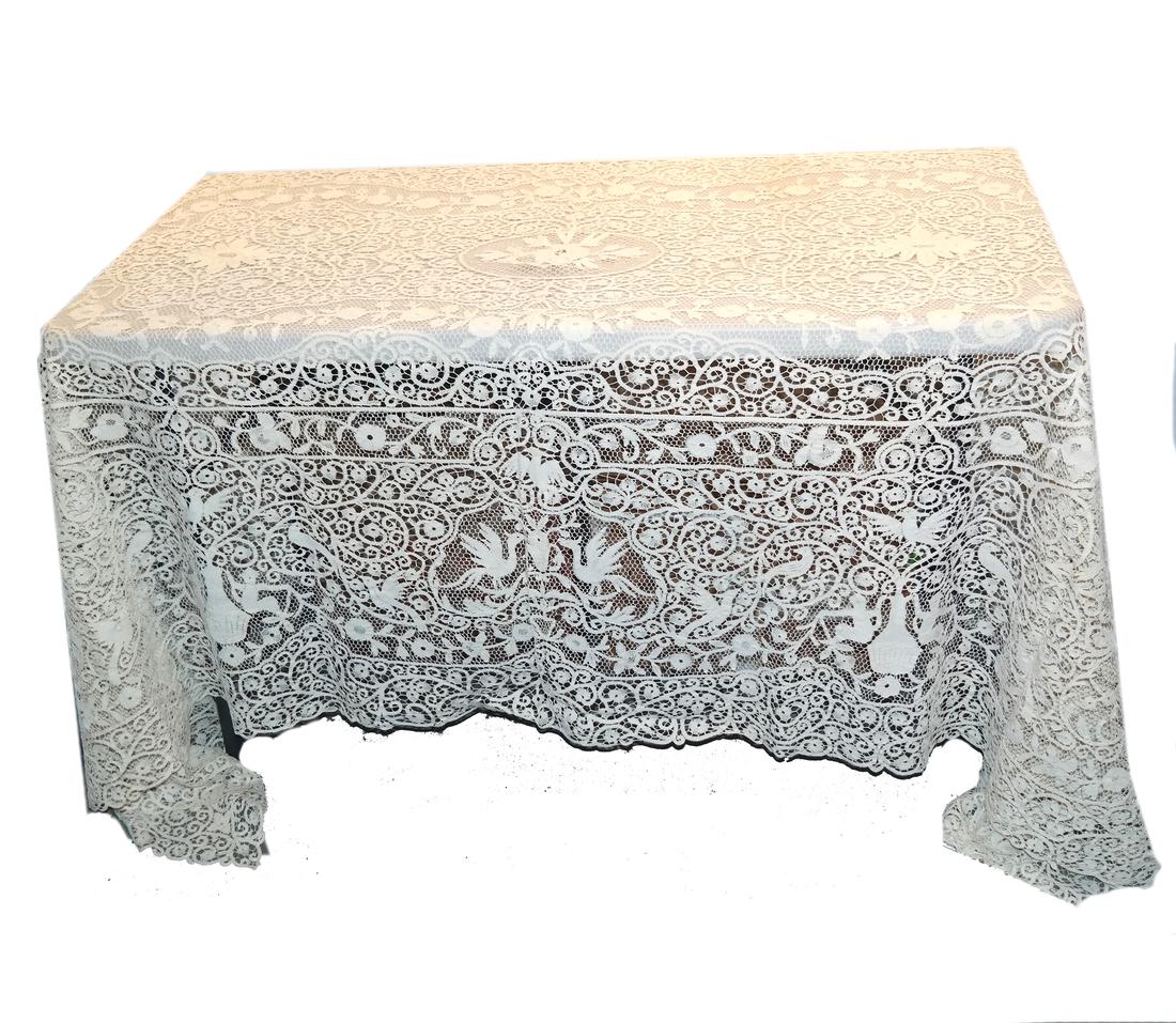 French Bobbin & Tape Lace Figural Tablecloth: French bobbin and tape lace tablecloth, circa 1920. [66 x 106 inches].
