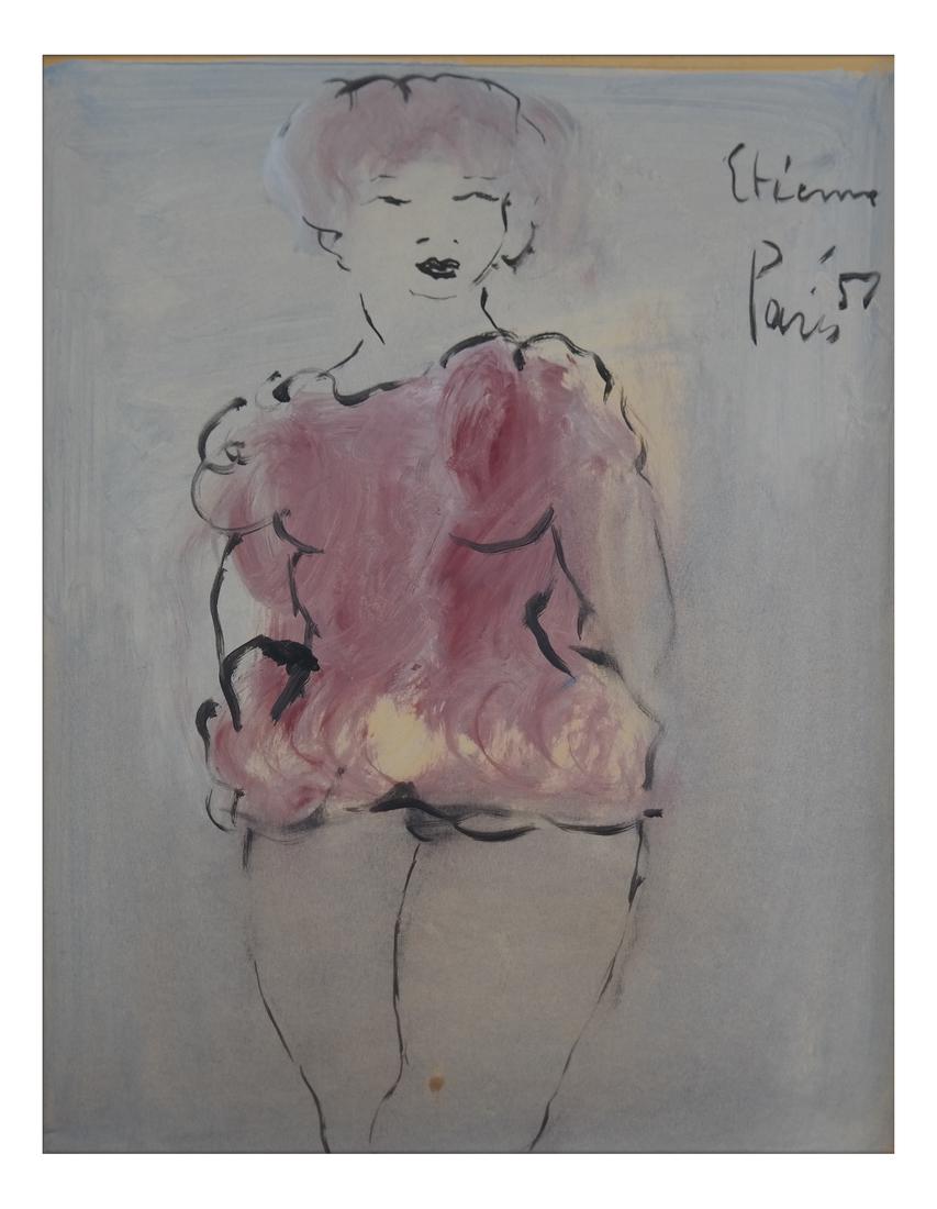 Danseuse, Watercolor on Rice Paper: Watercolor on rice paper depiction of a danseuse, in carved ebonized and gilt wood frame. Signed, upper right 'Etienne, Paris' and dated '57 for 1957. [Sight: 16 x 11 inches; Frame: 23 x 18 1/4 inches