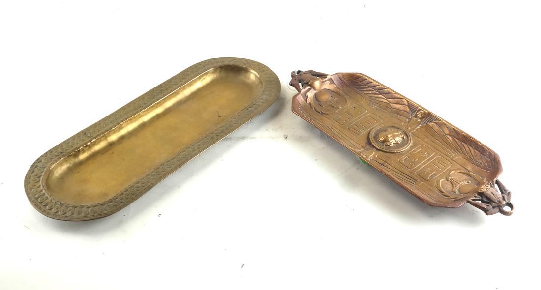Aesthetic Desk Trays, Mendelsohn & Other: An oval incised border and hammered tray, together with an bronze incised-relief tray. [4 1/2 x 12 inches; 4 1/4 x 11 inches].