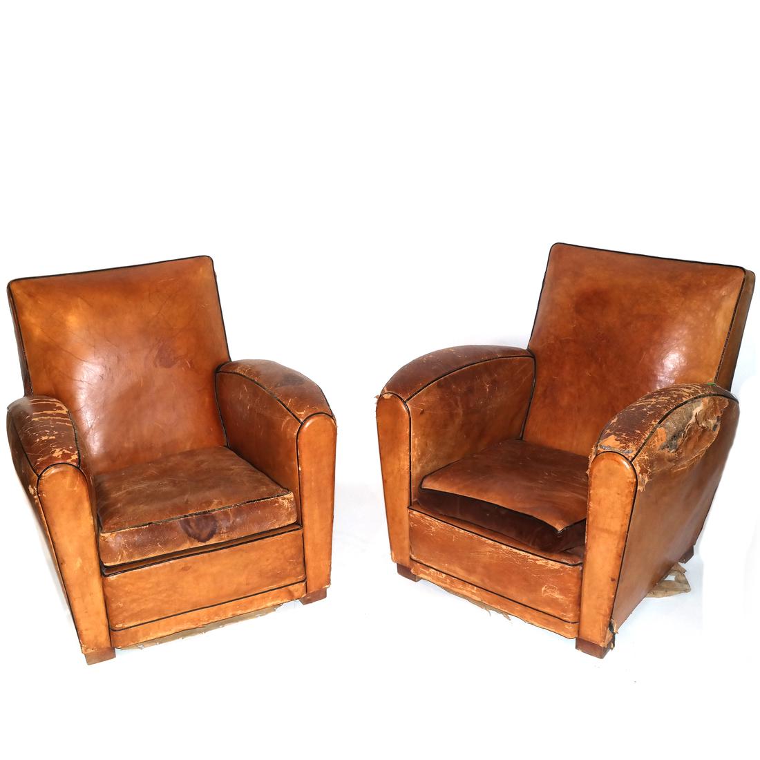 Pair of "As Is" Art Deco Club Chairs: Pair of brown leather modern club chairs. [33 x 31 x 32 inches; 13 inches to seats].