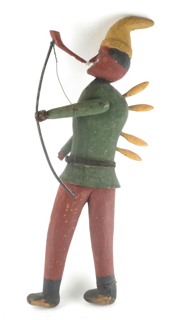 American Folk Art Carved Archer Figure: American folk art carved wood and wire figure of an archer. [21 1/2 x 10 x 4 inches].