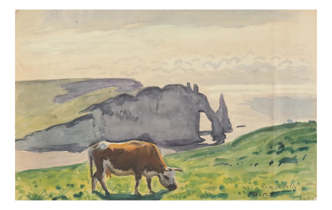 Rene de St. Delis, "Entretat", Cow: Rene de St. Delis (1878-1958). Watercolor on paper of a cow on a cliff near the ocean. Signed 'R. de St. Delis' and named, lower right. Not dated. Unframed. Circa 1955. [7 1/2 x 11 1/2 inches].