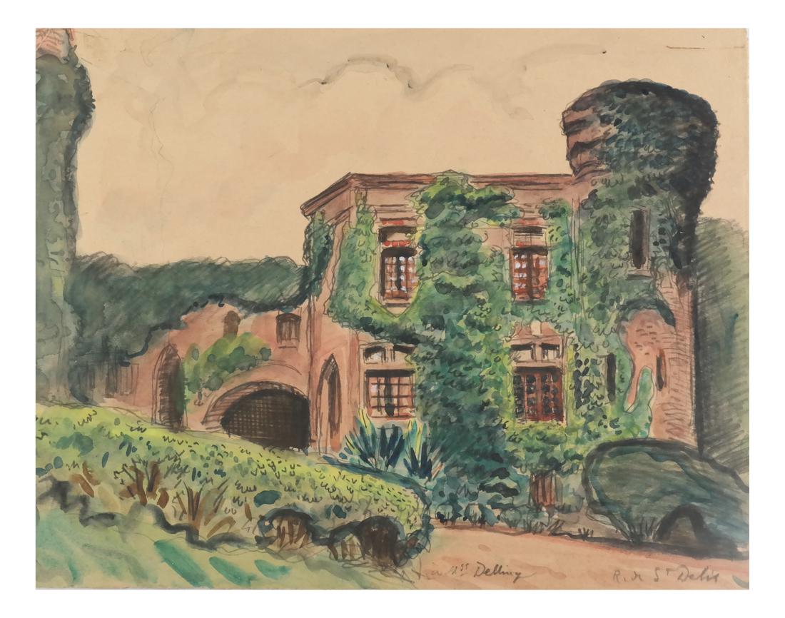 Rene de St. Delis, Watercolor - Castle: Rene de St. Delis (1878-1958). Watercolor, inscribed lower center 'To Miss Delling' (sic). Signed, lower right 'R. de St. Delis'. Depicts view of a castle tower. Not dated. Unframed. Circa 1950. [10 x