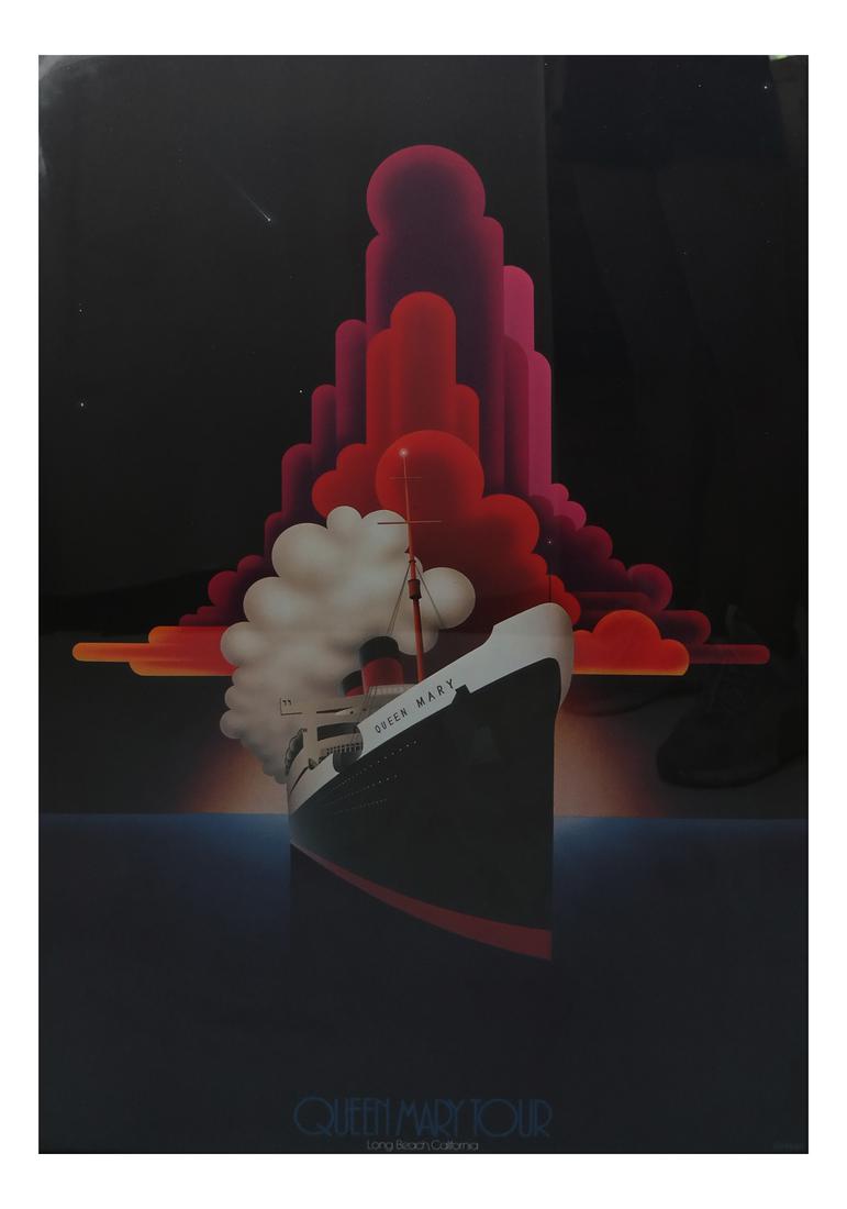 Queen Mary Commemorative Poster: Commemorative poster of the Queen Mary Tour, Long Beach, CA by artist Honkawa. [36 x 24 inches].
