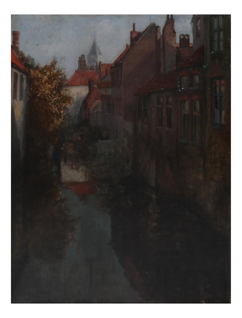 Attr. H.K., Village Canal Scene: Attributed to H.K. Low, signature not found. Oil on cradle back. [Art: 19 x 15; Frame: 26 1/2 x 22 1/2].