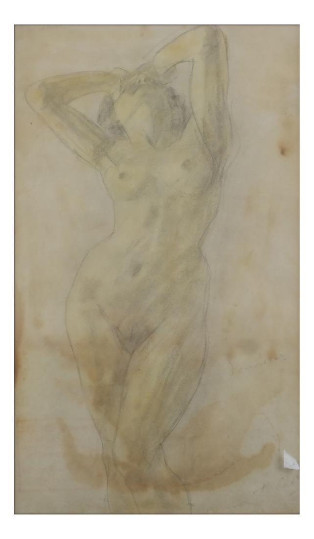 Attributed to Auguste Rodin - Drawing: Attributed to Auguste Rodin, watercolor and pencil of a standing nude, on paper, signed lower right. Stamped Ed Mond Delaye Cert on reverse. [Art: 10 1/4 x 5 1/4 inches; Frame: 13 1/2 x 8 5/8 inches].