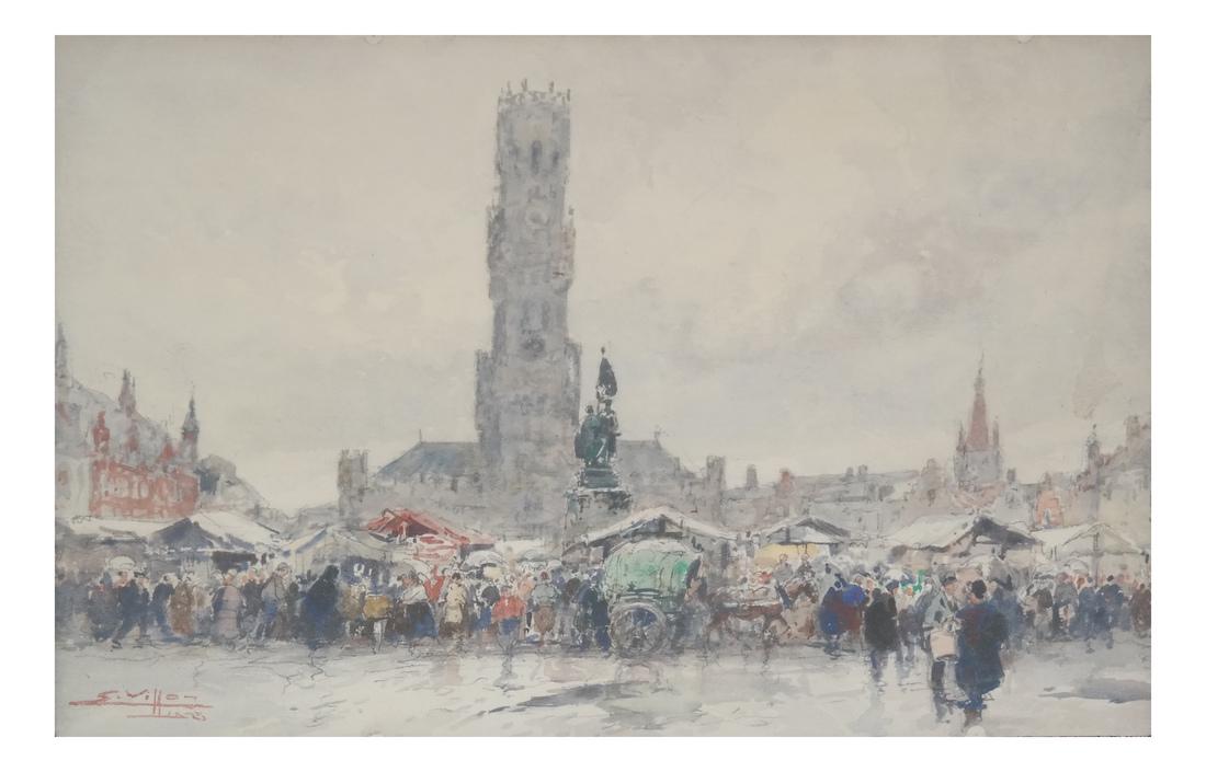 Eugene Villon, Paris Street Scene - Watercolor (1 of 4)