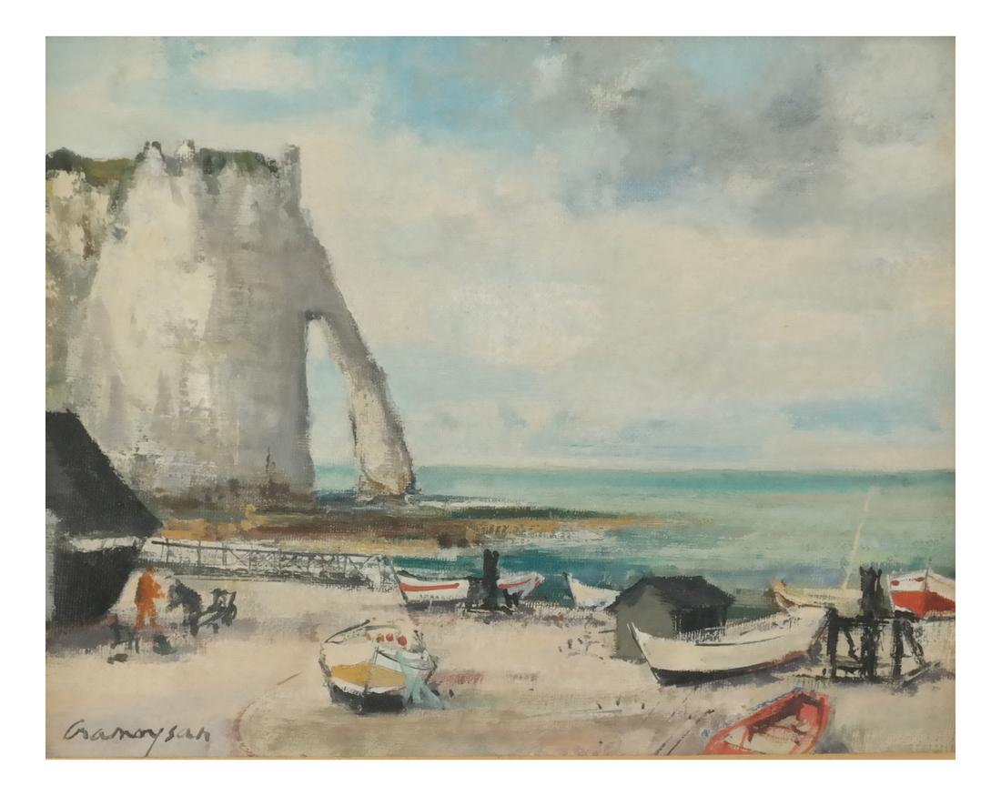 Marcel Cramoysan, Coastal Scene - Oil on Canvas: Marcel Cramoysan (French, 1915-2007) Etretat "Falaise d'Aval", in gilt frame. Signed "Cramoysan", lower left. Named and dated 1971 on back of frame, signed again. [Sight: 8 1/2 x 10 inches; Frame: 15 