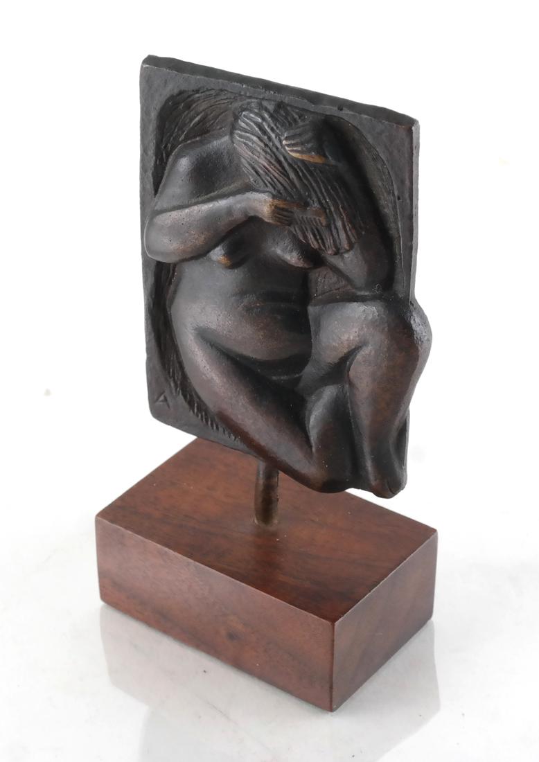 Modern Bronze Relief Sculpture, Nude: Aleko Kyriakos (Greek-American), bronze bas relief sculpture, of a nude, in wood mount. [5 1/4 x 2 1/2 x 1 1/2 inches].