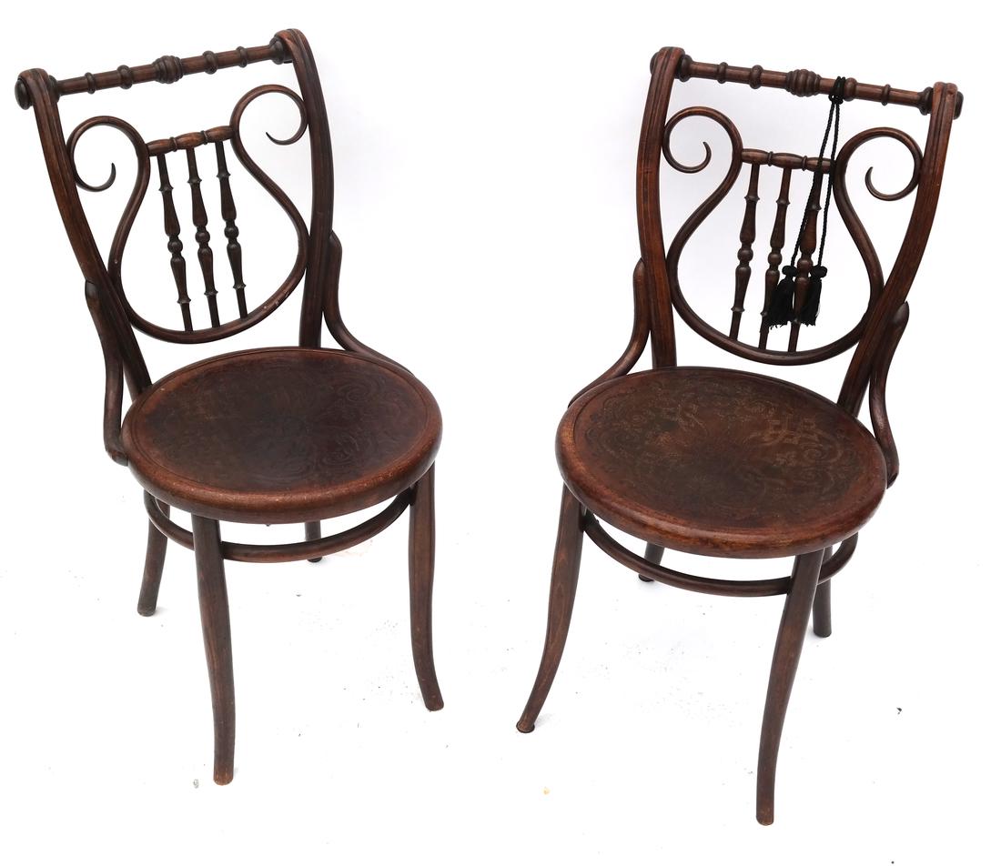 Pair Thonet Bentwood-Style Lyre Back Chairs: Pair of bentwood chairs, each having incised design seats. [34 x 16 1/2 x 16 1/2 inches; 18 1/2 inches to seat].