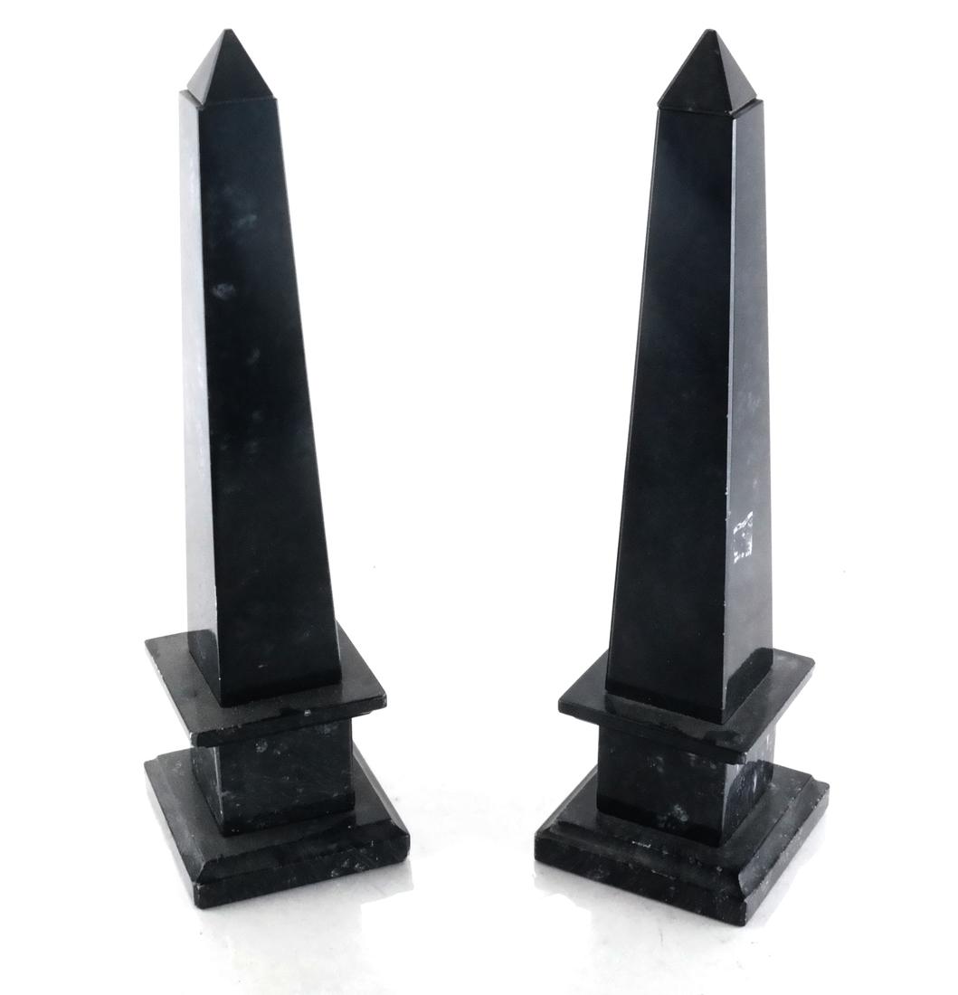 Pair of Hardstone Obelisks: Pair of marble-like hardstone obelisks, with removable finials. [14 1/2 x 3 1/2 x 3 1/2 inches].