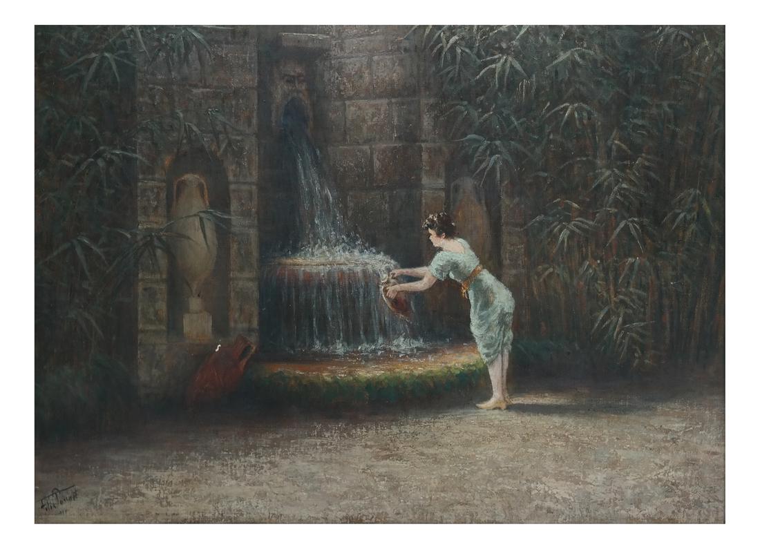 Felix Tossart, Lady At Fountain - O/C: Felix Tossart oil on canvas of a lady at a fountain. [Art: 15 x 22 inches; Frame: 23 x 29 1/2 inches].