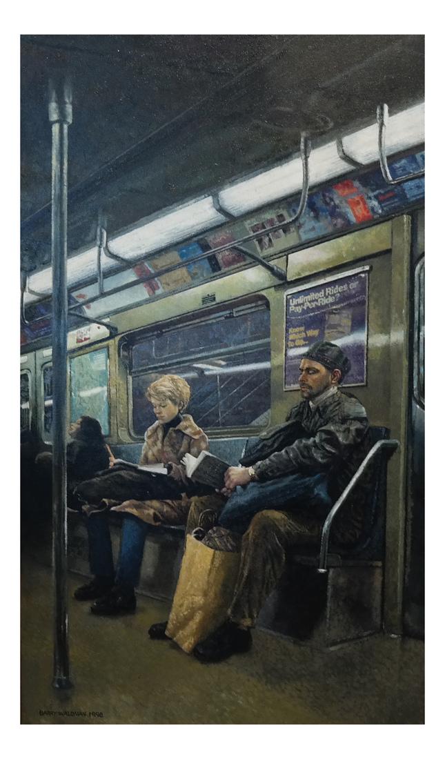 Barry Waldman - Subway Ride - O/C: Barry Waldman - Subway Rider, oil on canvas. [Art: 33 x 19 inches; Frame: 39 1/2 x 25 1/4 inches].