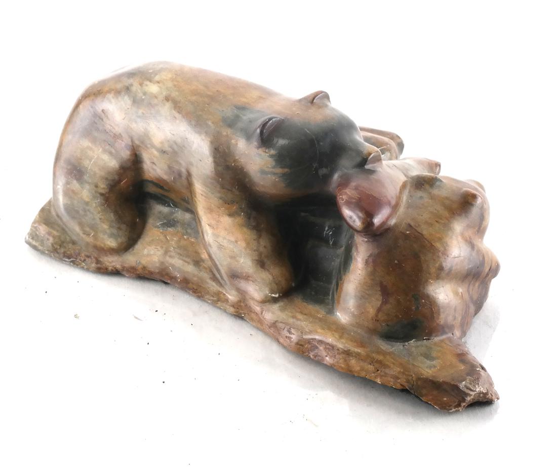 Alaskan Inuit Group, Bear and Fish: Inuit sculptural group of a bear and fish. [4 x 7 x 2 1/2 inches].