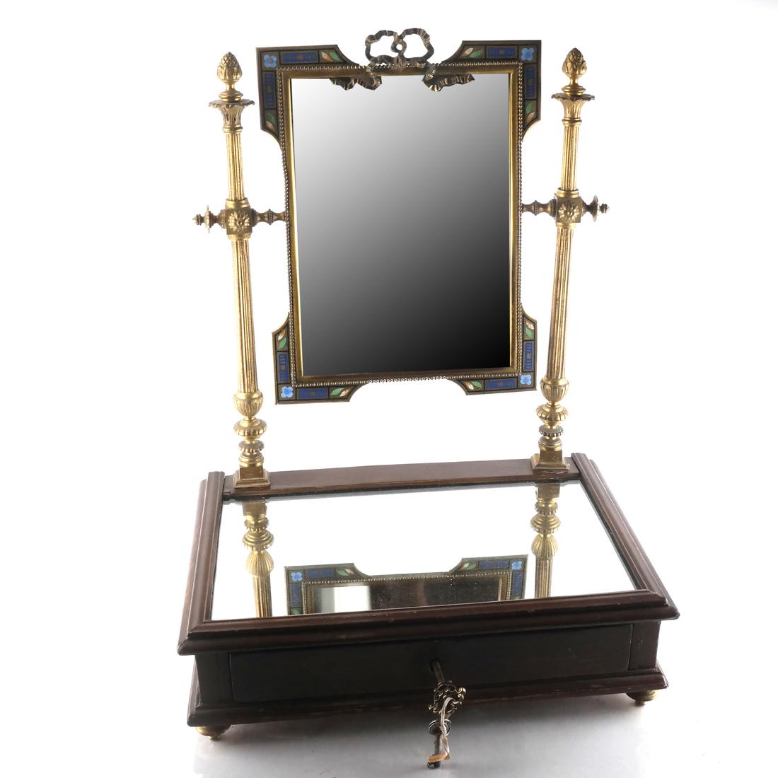 19th C. Enamel & Bronze Shaving Mirror (1 of 5)