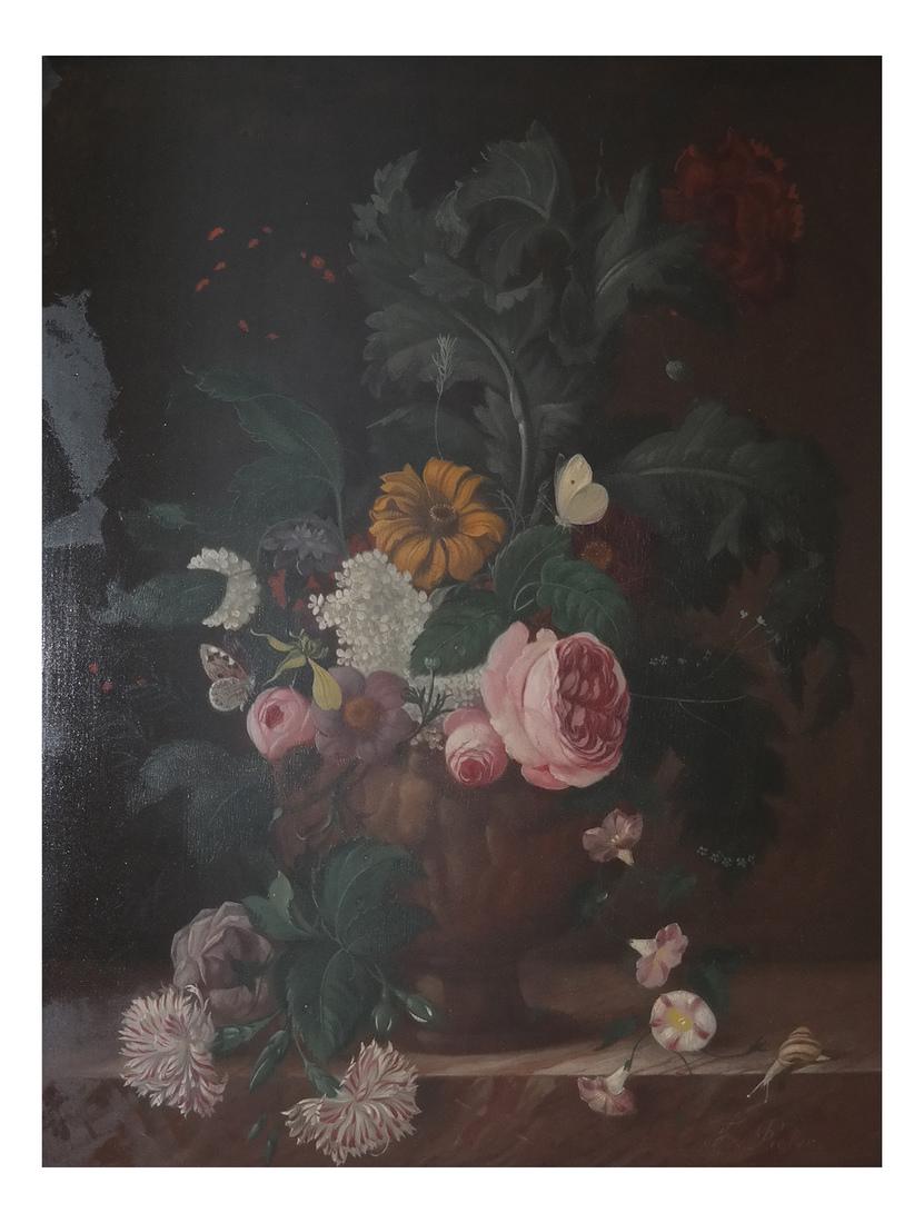 Franze Xavier Pieler, Still Life: A German floral still life on a cradleback frame. [Art: 20 1/2 x 16 1/2 inches: Frame: 26 x 20 1/2 inches]. Abrasions, some areas of restoration.