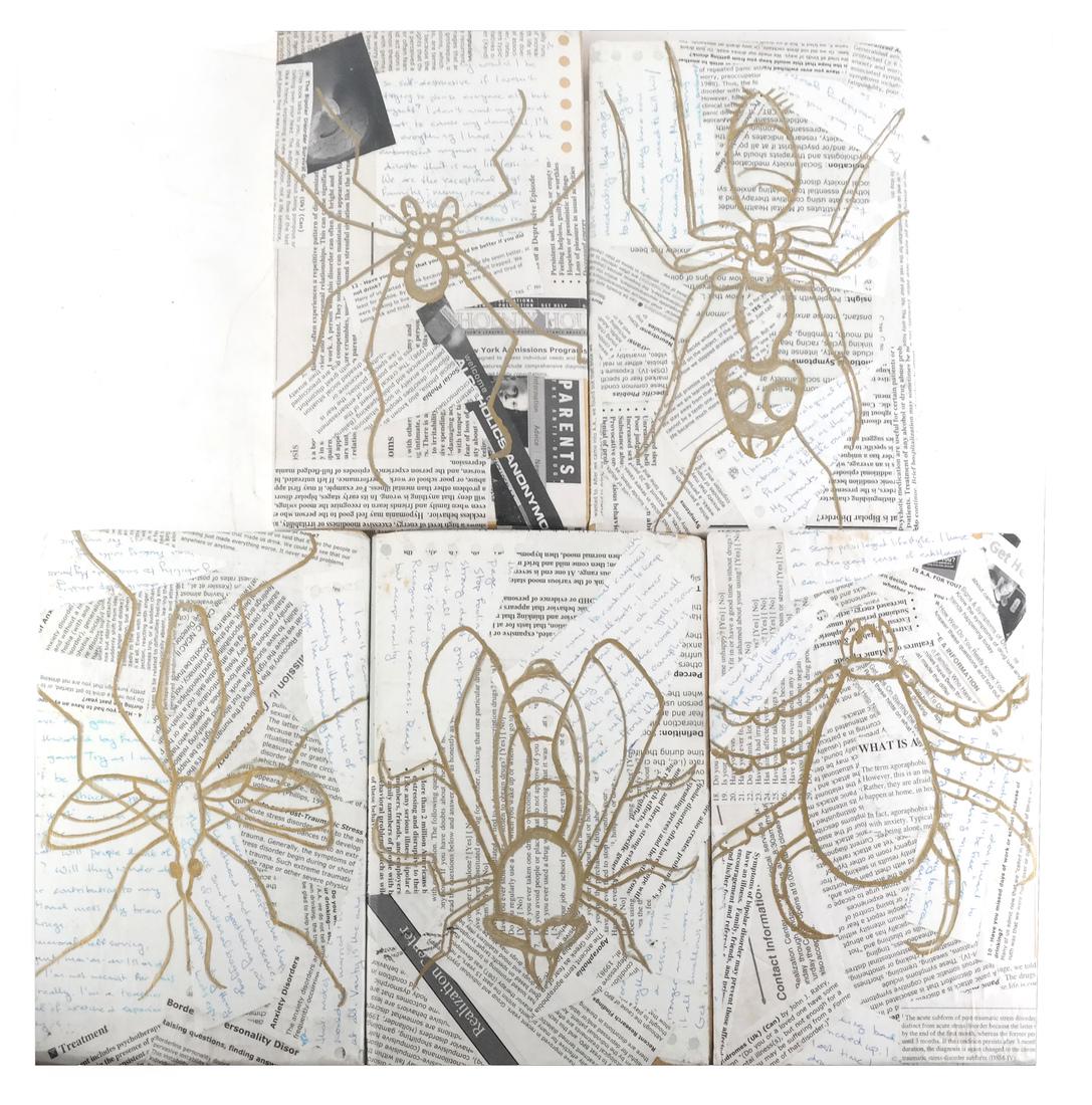 Modernist Psych Collage Paintings (5): Group of contemporary psychology inspired artwork collages with insect paintings - 5 pieces on panels. [7 1/2 x 11 inches].