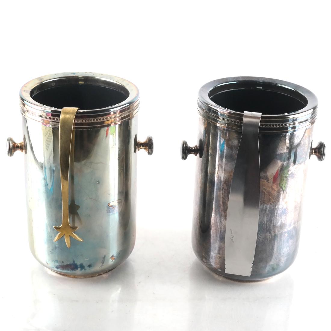 2 Silver-Plated Wine Coolers by Gorham: Two silver-plated wine coolers by Gorham, "Maestri", each with an unmatched set of tongs. [8 x 4 1/2 (dia tops) inches].
