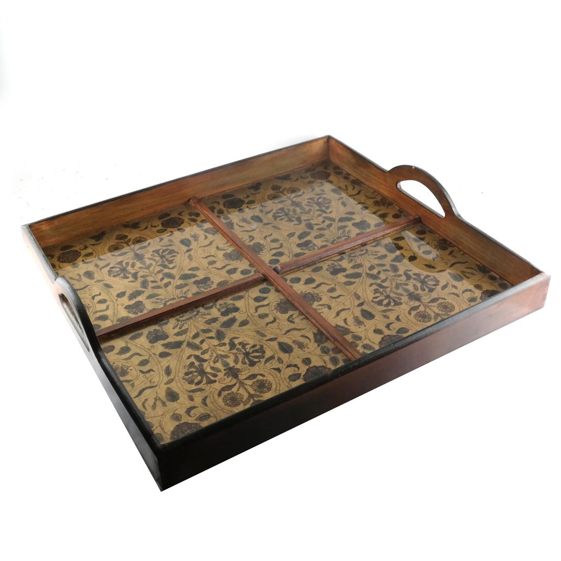 Antique French Mahogany Butler's Tray: Antique French mahogany butler's tray, with a decorated cloth-style base. [4 x 22 x 20 inches].