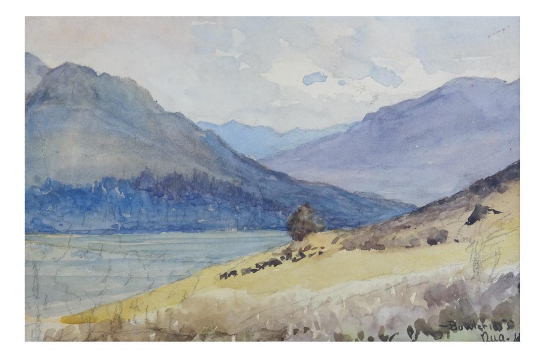 "The Lake", Signed "Bowler 1855" - Watercolor on P: Watercolor on paper "The Lake", in matte (unframed), signed lower right "Bowler 1855/Aug. 16". [Matte: 13 x 16 inches].