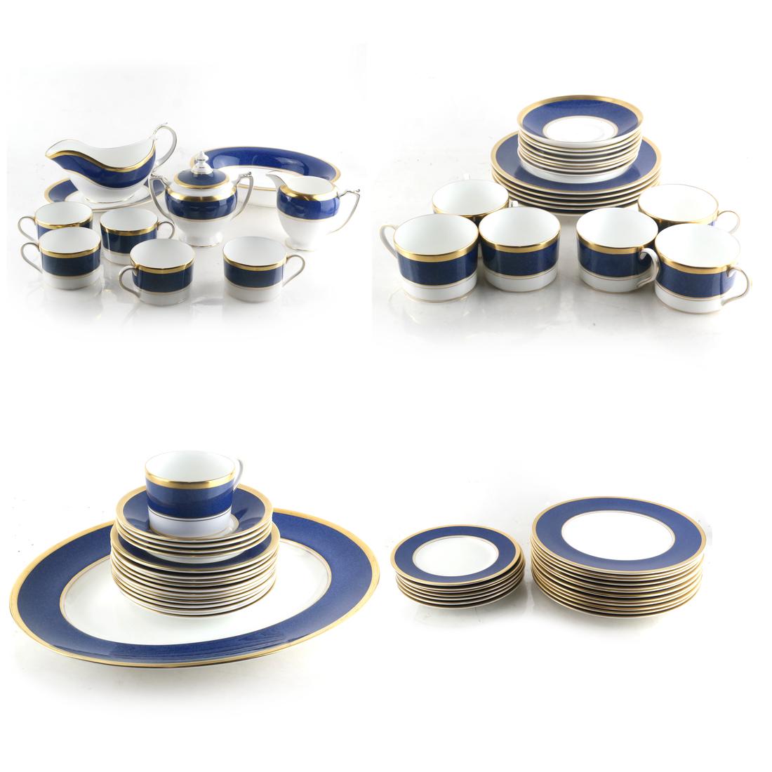 English Coalport China Dinner Service: English Coalport bone china dinner service, Athlone Blue, powder blue with gold rim, 67 pieces (rough count), including 12 dinner plates, 12 dessert plates, 12 side plates, 11 cups, 12 saucers, an ova