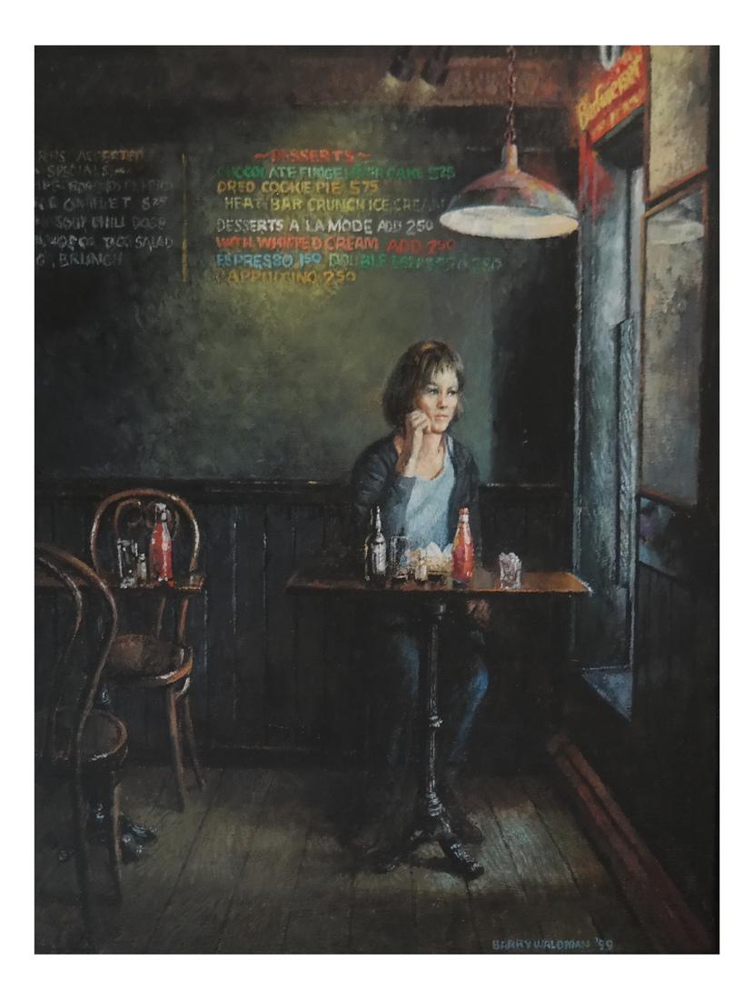 Barry Waldman, Broome St. Bar , 1999: Barry Waldman "Broome Sreet Bar Back Room", oil on canvas, dated 1999. [Art: 20 x 16 inches; Frame: 22 x 18 inches]. In good condition.