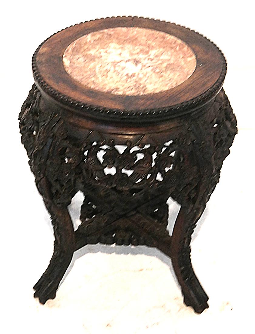 Chinese Carved Wood Tabouret: Chinese carved wood tabouret. [19 x 15 (dia) inches].