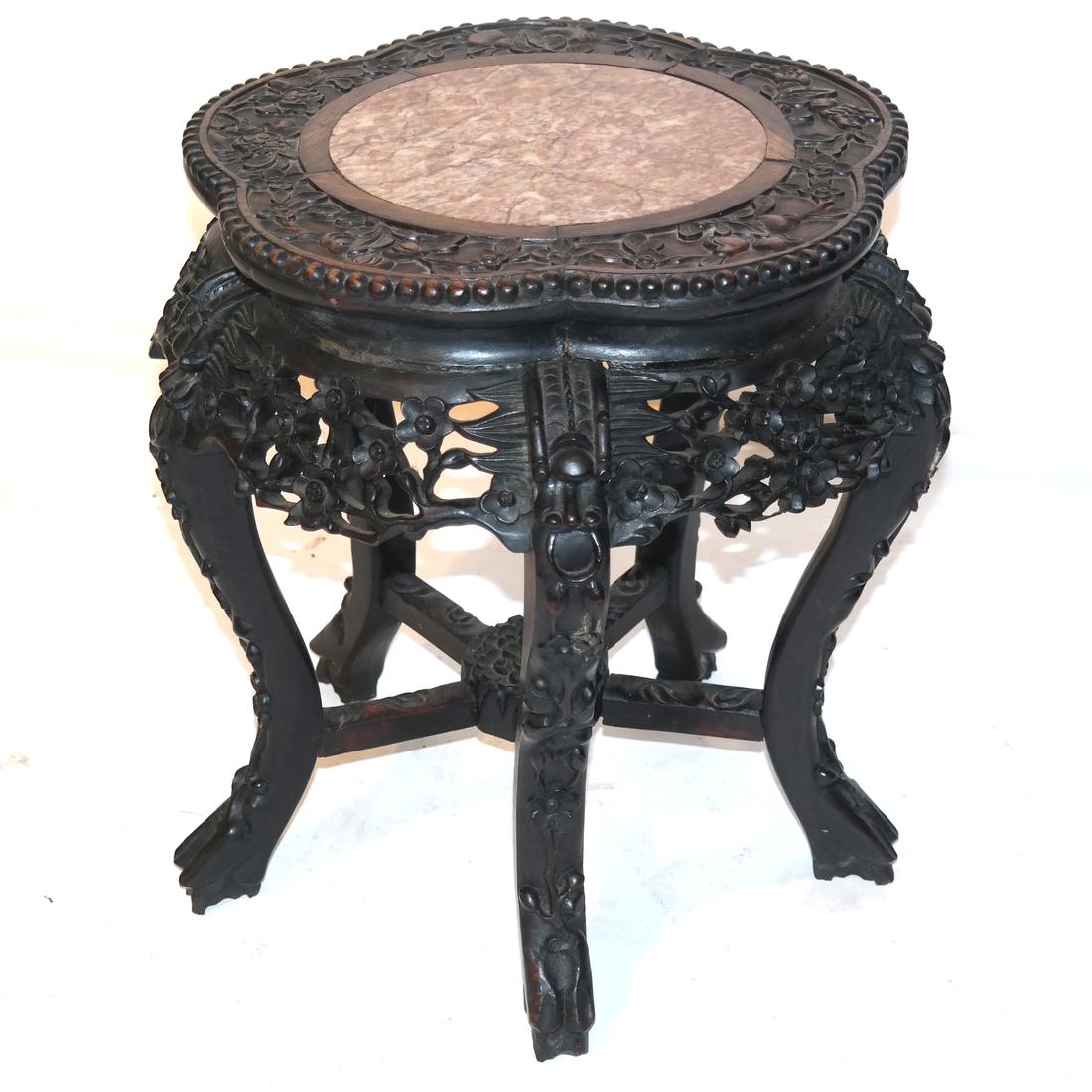 Antique Asian Marble Inset Tabouret: Antique Chinese ornate marble inset tabouret. [19 1/2 x 16 (dia) inches].