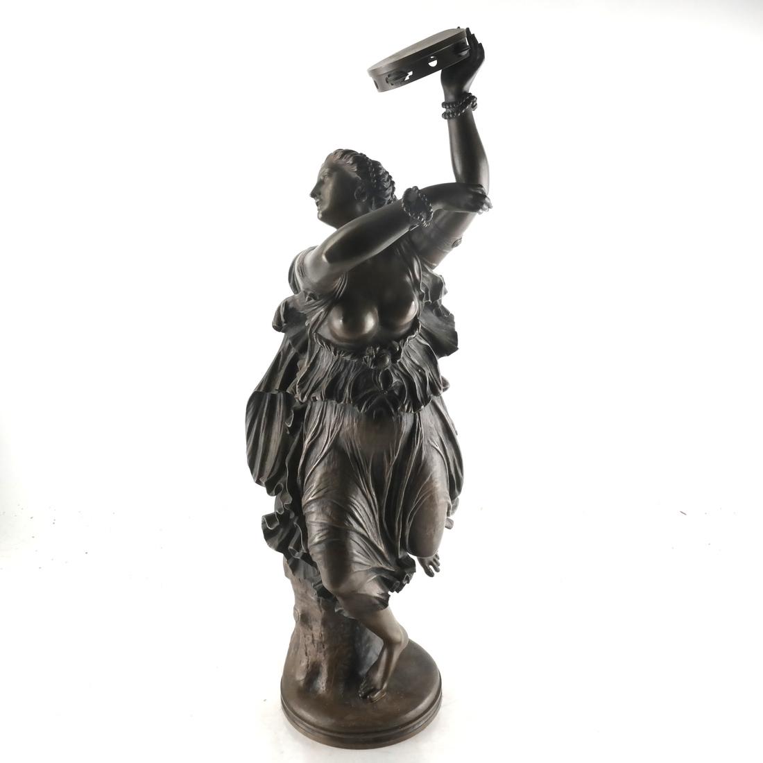 F. Barbedienne Fondeur, Bronze Nude: A French bronze sculpture depicting a female nude dancer with tambourine. Marked 'F. Barbedienne Fondeur. Reduetion Mecantique A. Collas Brevete'. Late Beaux Arts, circa 1920. [21 x 7 x 8 inches]. Lig