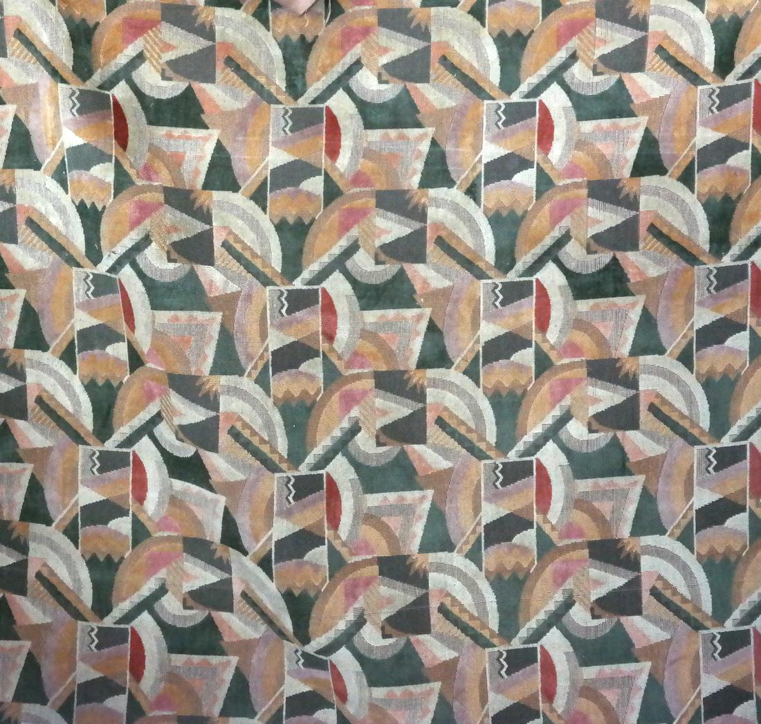 Clarence House Art Deco-Style Velvet Fabric: 19 3/4 yards. Italian jacquard linen-faced velvet. 11 1/4 inch vertical repeat. 13 inch horizontal repeat. 52 inches wide. Additional yardage available upon request.