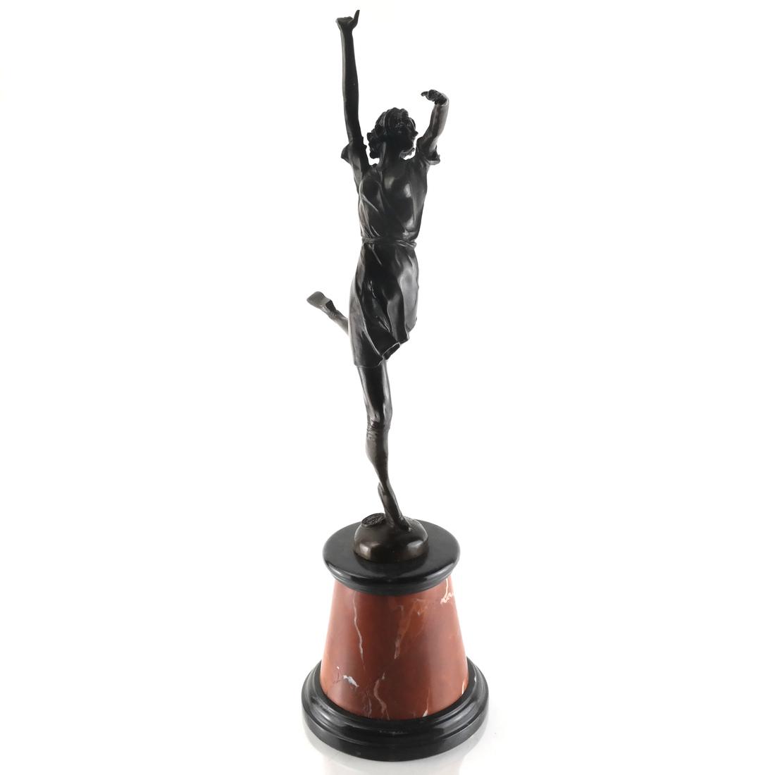 B. Zach, Deco-Style Female Bronze: Bronze and marble sculpture with stamp "Bronze Garanti, Paris" " J.B. Depose". [25 1/2 x 14 (dia) inches; Base: 7 (dia) inches]. In good condition.