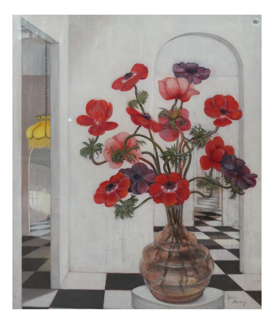 Joan Kerry Still Life Painting: Joan Kerry still life painting of vase with flowers, tempera on panel, signed lower right. [Art: 23 1/4 x 19 1/2 inches; Frame: 24 1/2 x 26 inches].
