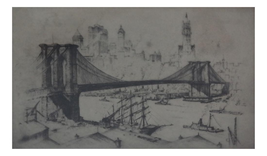 Anton Schutz Etching of Brooklyn Bridge, New York (1 of 3)